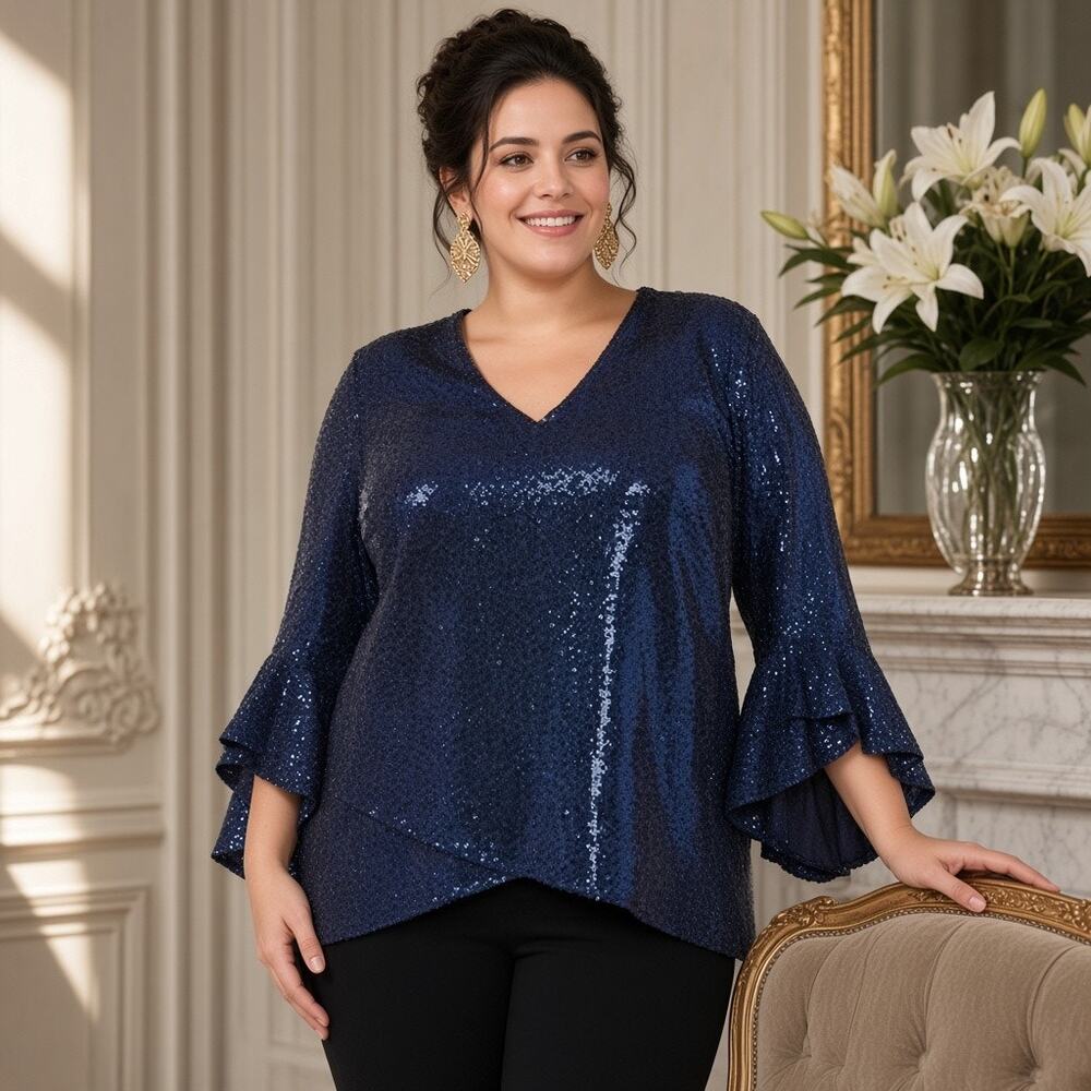 MSK Navy Sequin Flare‑Sleeve Top – Size 1X, NWT